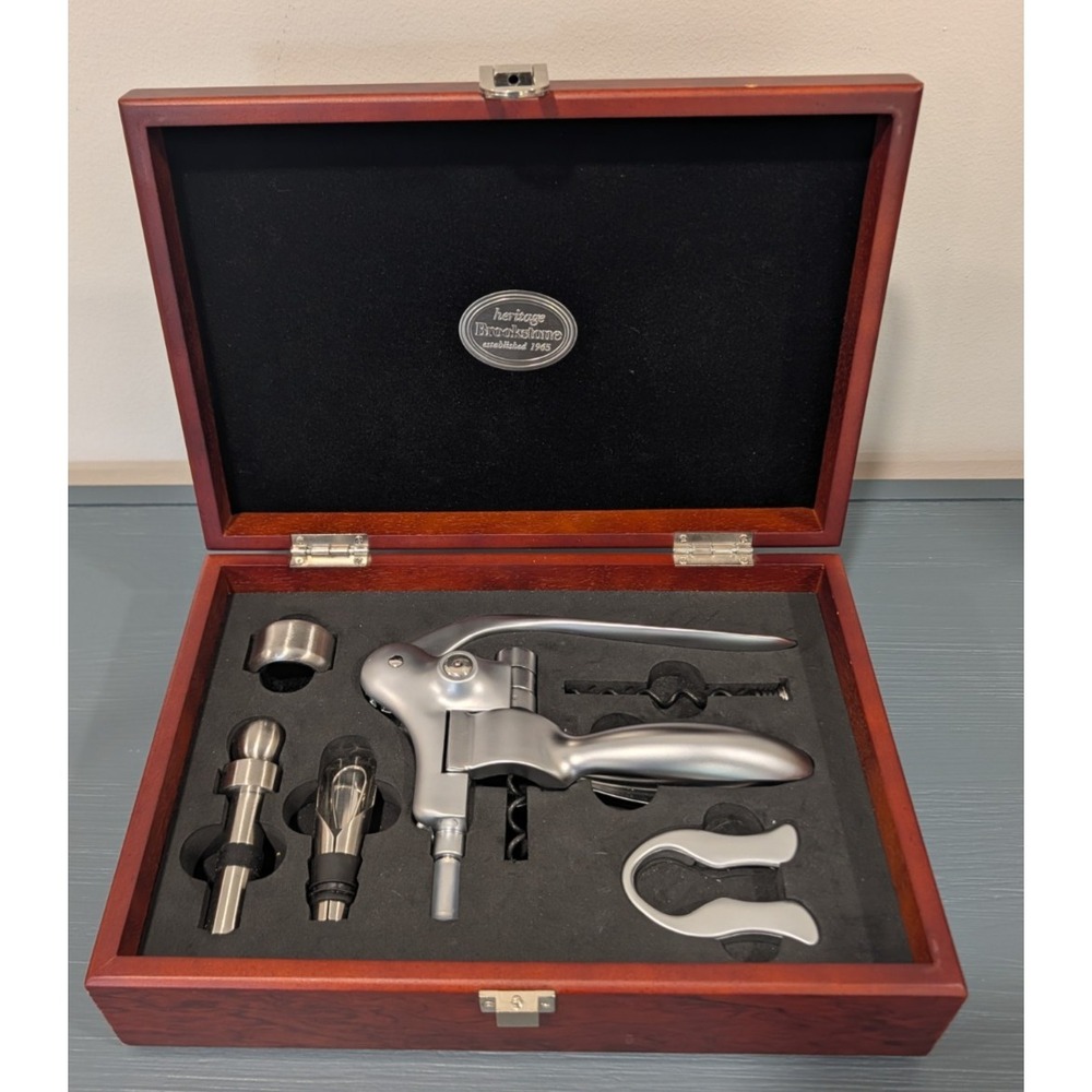 Brookstone Heritage Connoisseur Wine Opener Set 6 Pc Wood Case Complete Unused